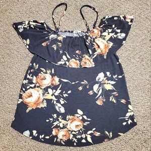BOMBOM Floral Boho Top Flowy Romantic Off-The-Shoulder Feminine Navy Blue Pink